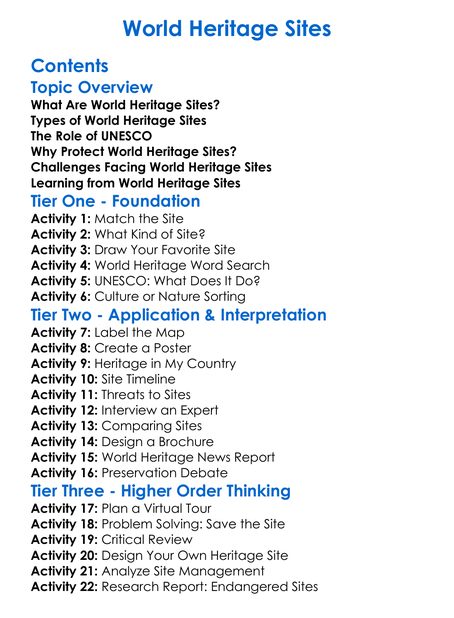 World Heritage Sites Worksheet Activity Booklet