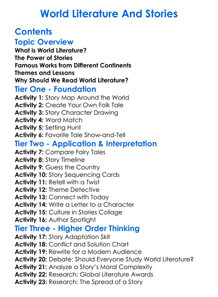 World Literature And Stories Worksheet Activity Booklet