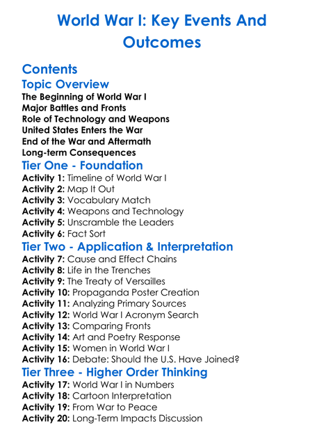 World War I Key Events And Outcomes Worksheet Activity Booklet