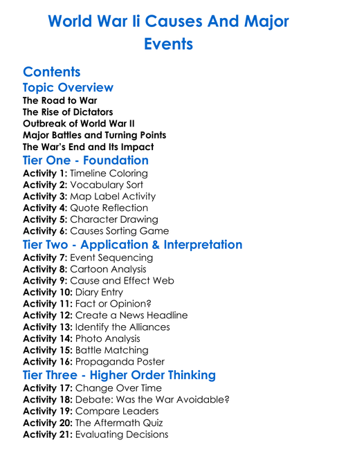 World War Ii Causes And Major Events Worksheet Activity Booklet