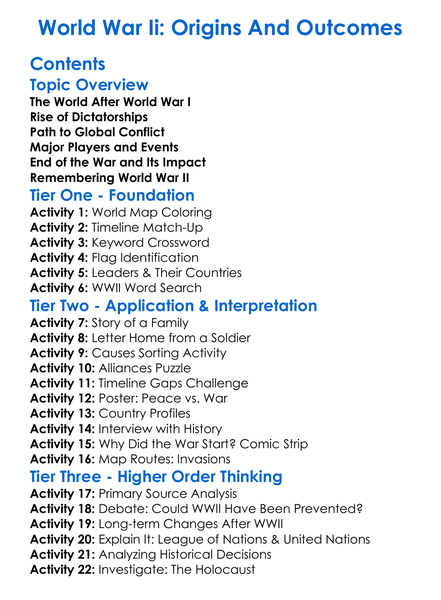 World War Ii Origins And Outcomes Worksheet Activity Booklet