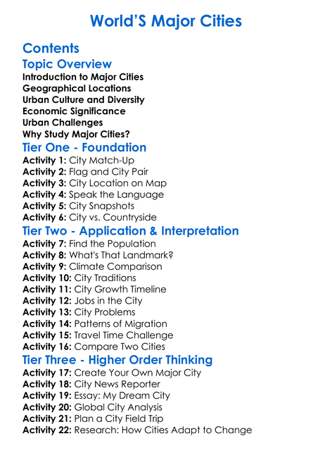 Worlds Major Cities Worksheet Activity Booklet