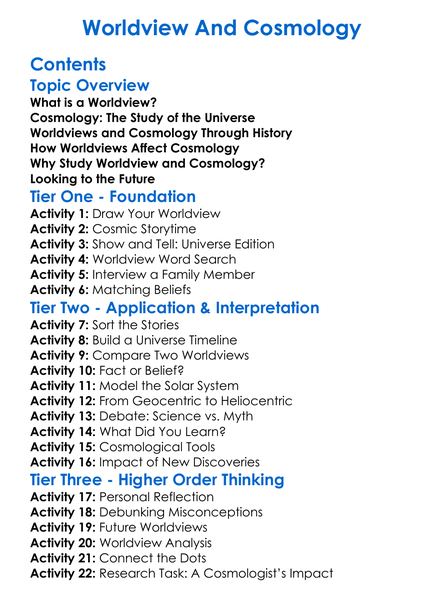 Worldview And Cosmology Worksheet Activity Booklet