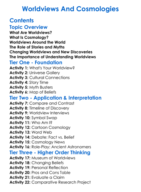 Worldviews And Cosmologies Worksheet Activity Booklet