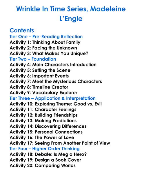 Wrinkle In Time Series Madeleine Lengle Worksheet Activity Booklet