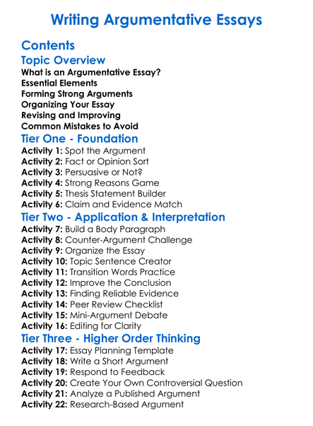 Writing Argumentative Essays Worksheet Activity Booklet