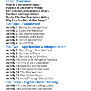 Writing Descriptive Essays Worksheet Activity Booklet