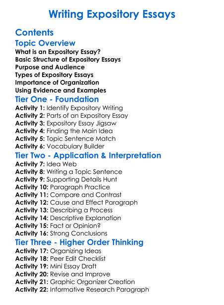 Writing Expository Essays Worksheet Activity Booklet