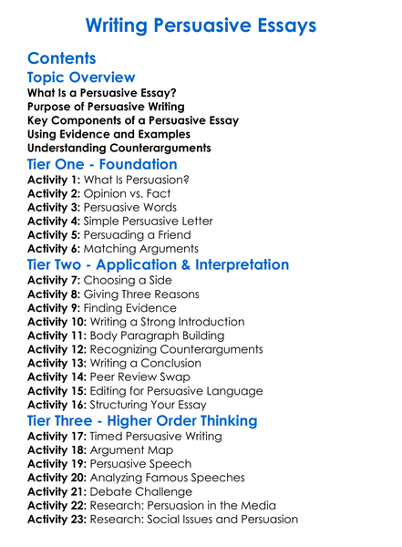 Writing Persuasive Essays Worksheet Activity Booklet