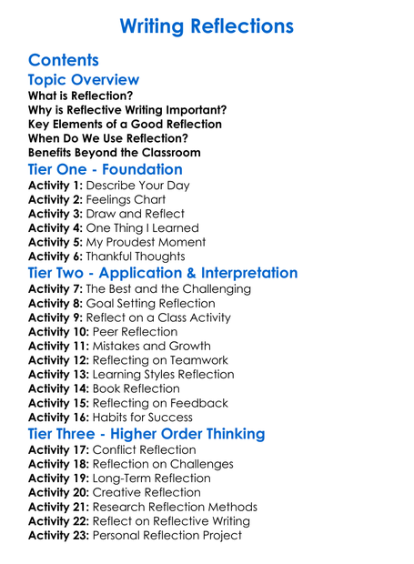 Writing Reflections Worksheet Activity Booklet
