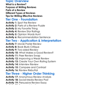 Writing Reviews Worksheet Activity Booklet