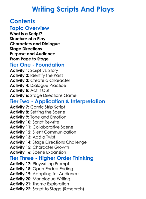 Writing Scripts And Plays Worksheet Activity Booklet