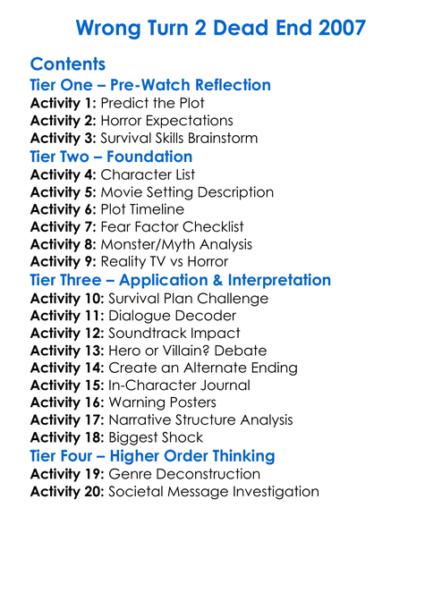 Wrong Turn 2 Dead End 2007 Worksheet Activity Booklet