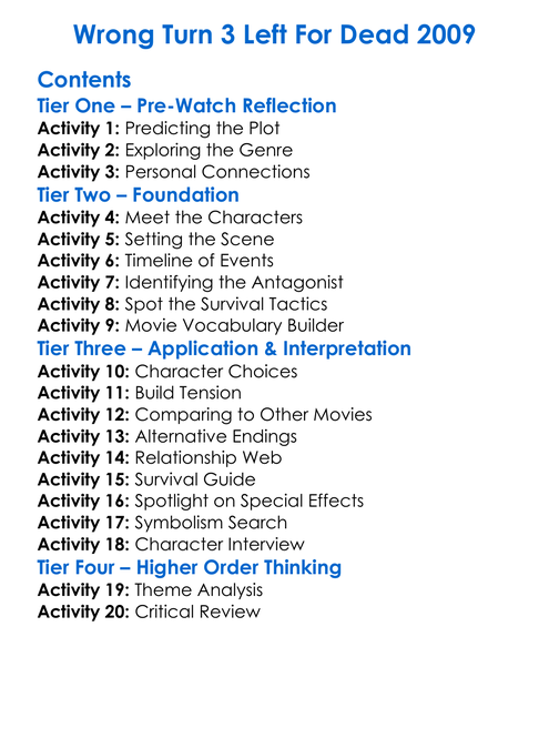 Wrong Turn 3 Left For Dead 2009 Worksheet Activity Booklet