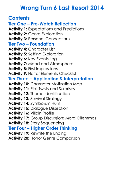 Wrong Turn 6 Last Resort 2014 Worksheet Activity Booklet