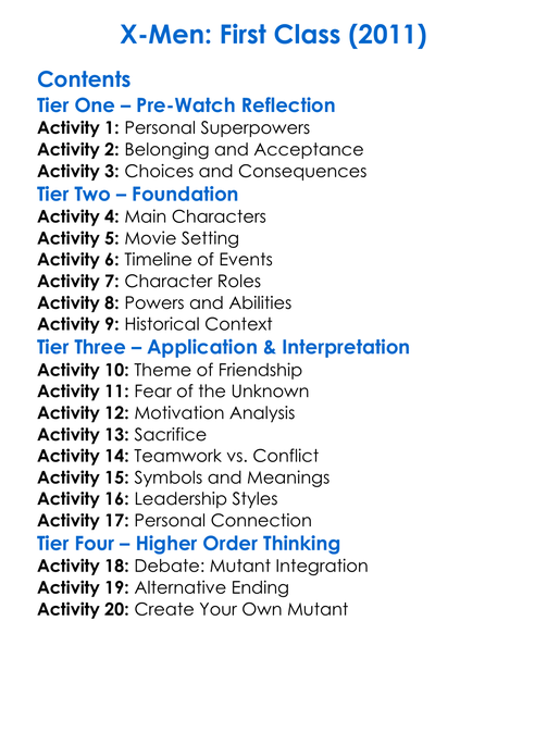 X-Men First Class 2011 Worksheet Activity Booklet