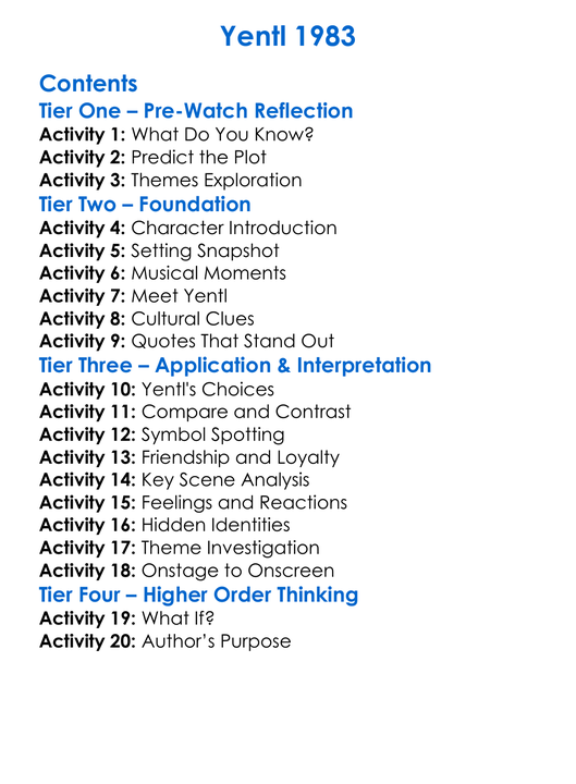 Yentl 1983 Worksheet Activity Booklet