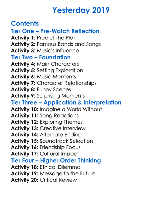Yesterday 2019 Worksheet Activity Booklet