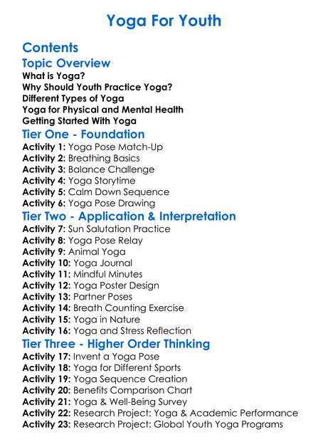 Yoga For Youth Worksheet Activity Booklet