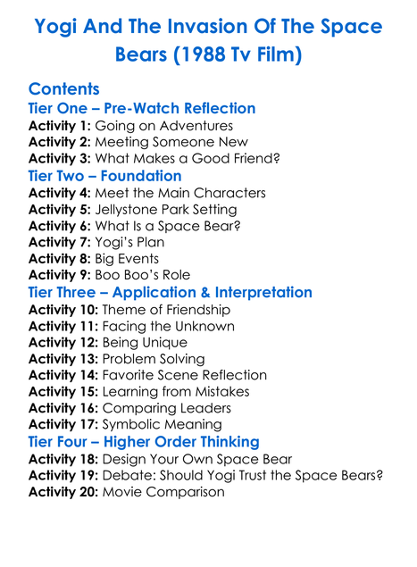 Yogi And The Invasion Of The Space Bears 1988 Tv Film Worksheet Activity Booklet