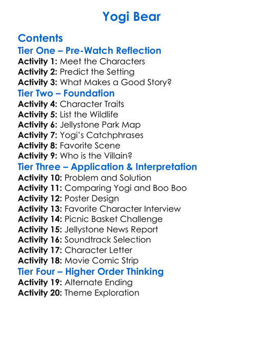 Yogi Bear Worksheet Activity Booklet