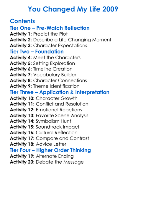 You Changed My Life 2009 Worksheet Activity Booklet