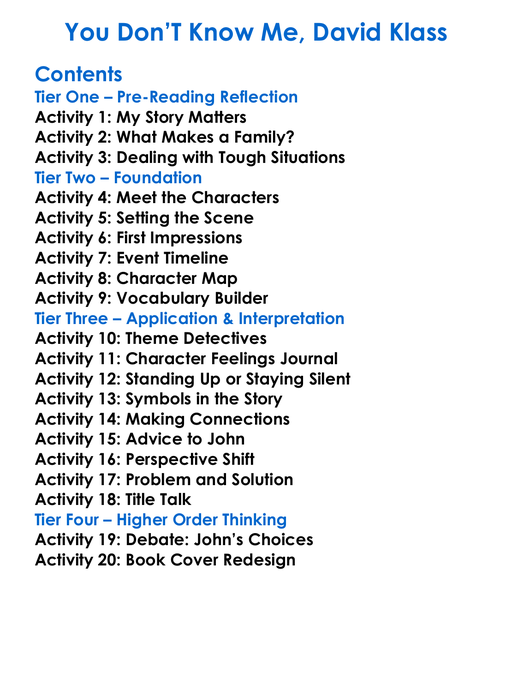 You Dont Know Me David Klass Worksheet Activity Booklet