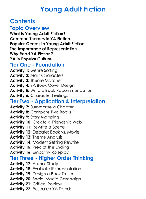 Young Adult Fiction Worksheet Activity Booklet