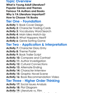 Young Adult Literature Worksheet Activity Booklet