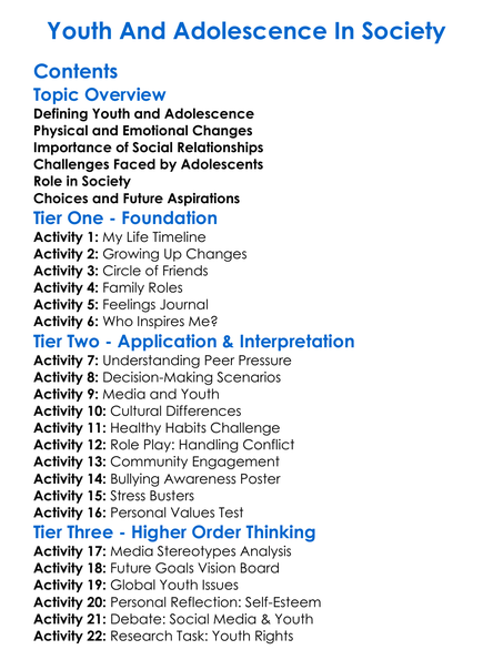 Youth And Adolescence In Society Worksheet Activity Booklet