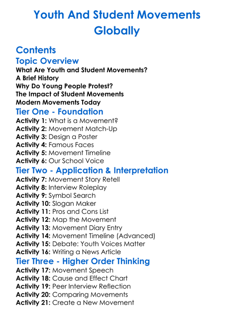 Youth And Student Movements Globally Worksheet Activity Booklet