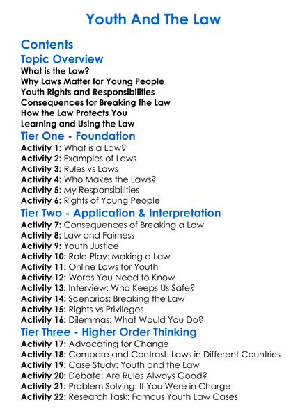 Youth And The Law Worksheet Activity Booklet