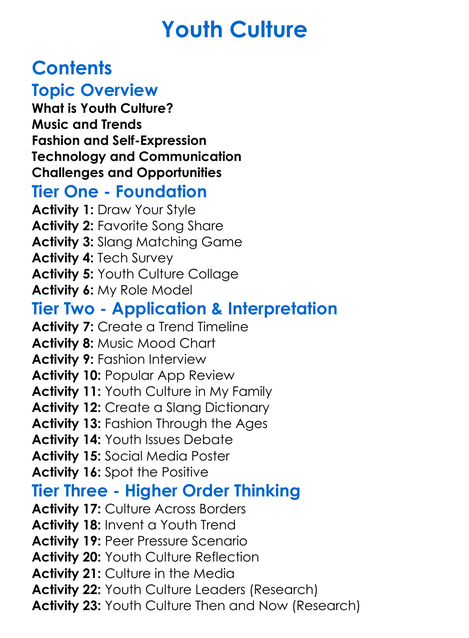 Youth Culture Worksheet Activity Booklet