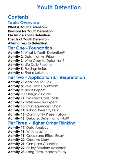 Youth Detention Worksheet Activity Booklet