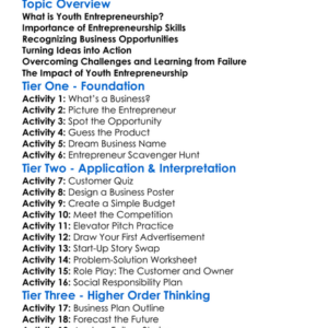 Youth Entrepreneurship Worksheet Activity Booklet