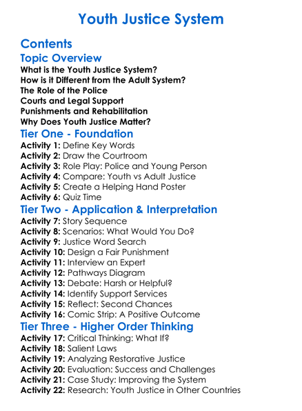 Youth Justice System Worksheet Activity Booklet