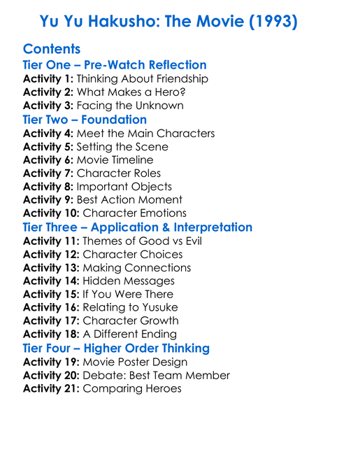 Yu Yu Hakusho The Movie 1993 Worksheet Activity Booklet