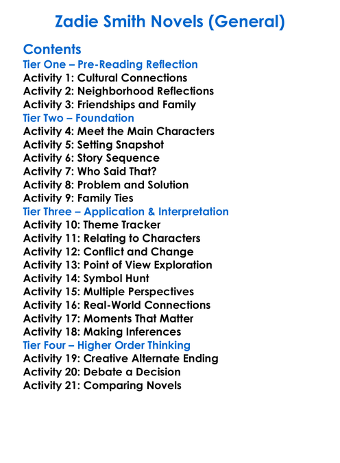 Zadie Smith Novels General Worksheet Activity Booklet