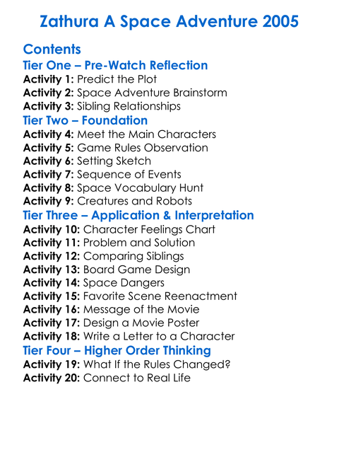 Zathura A Space Adventure 2005 Worksheet Activity Booklet