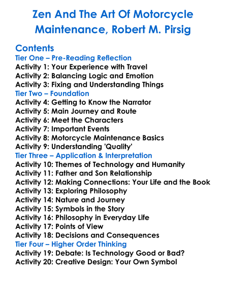 Zen And The Art Of Motorcycle Maintenance Robert M Pirsig Worksheet Activity Booklet